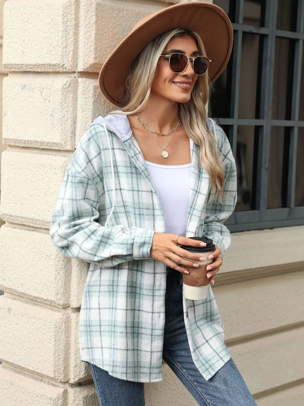 Drawstring Plaid Button Up Hooded Jacket -