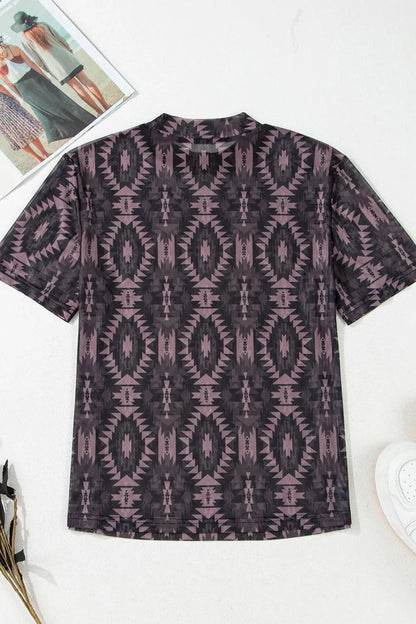 Aztec Print Mock Neck Mesh T-Shirt -