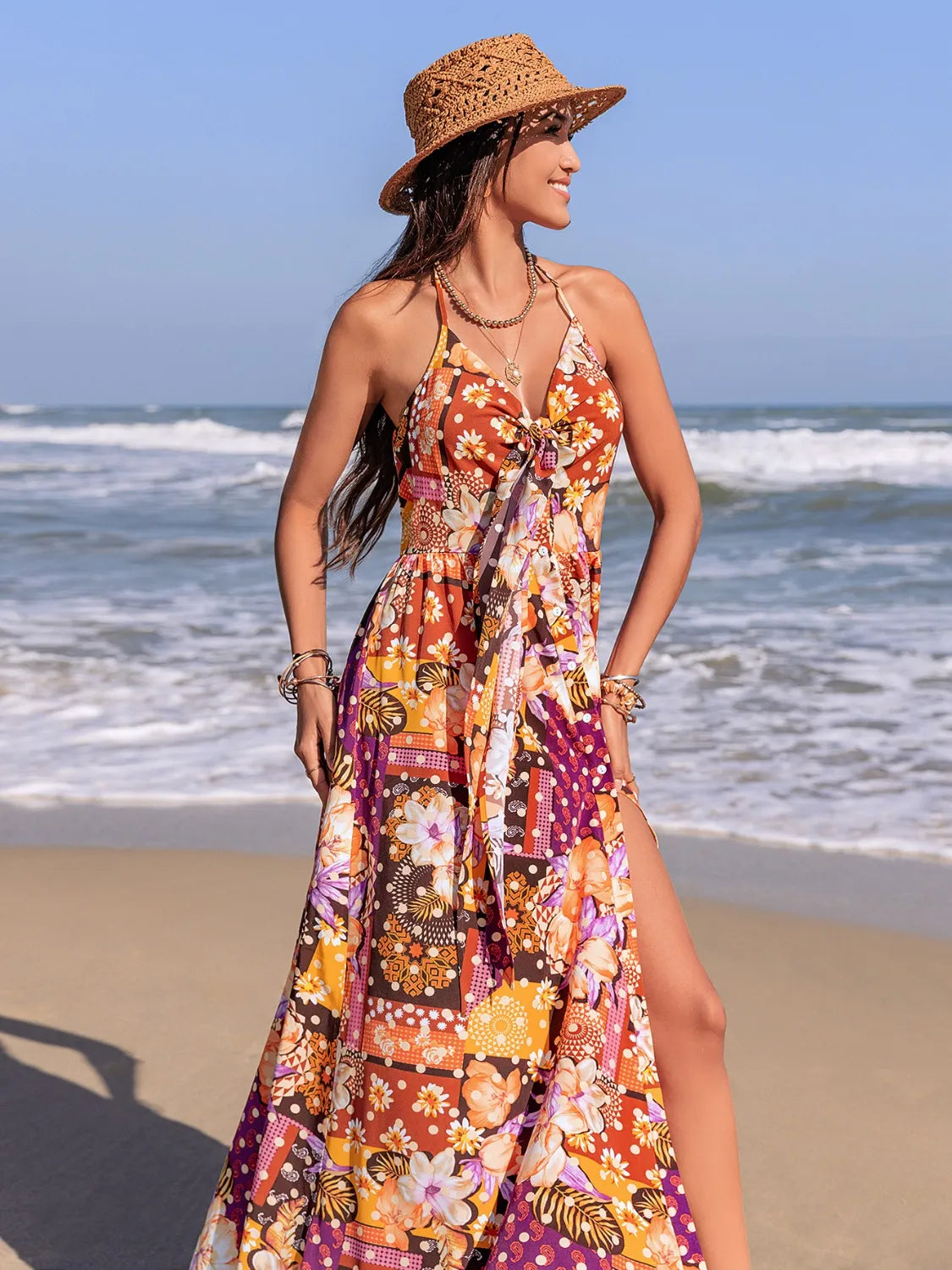 Slit Printed Halter Neck Cami Dress -