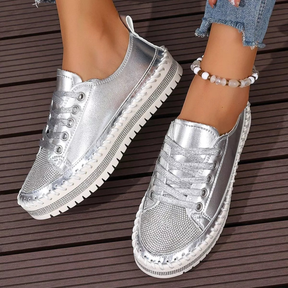 Round Toe Platform Sneakers - Silver