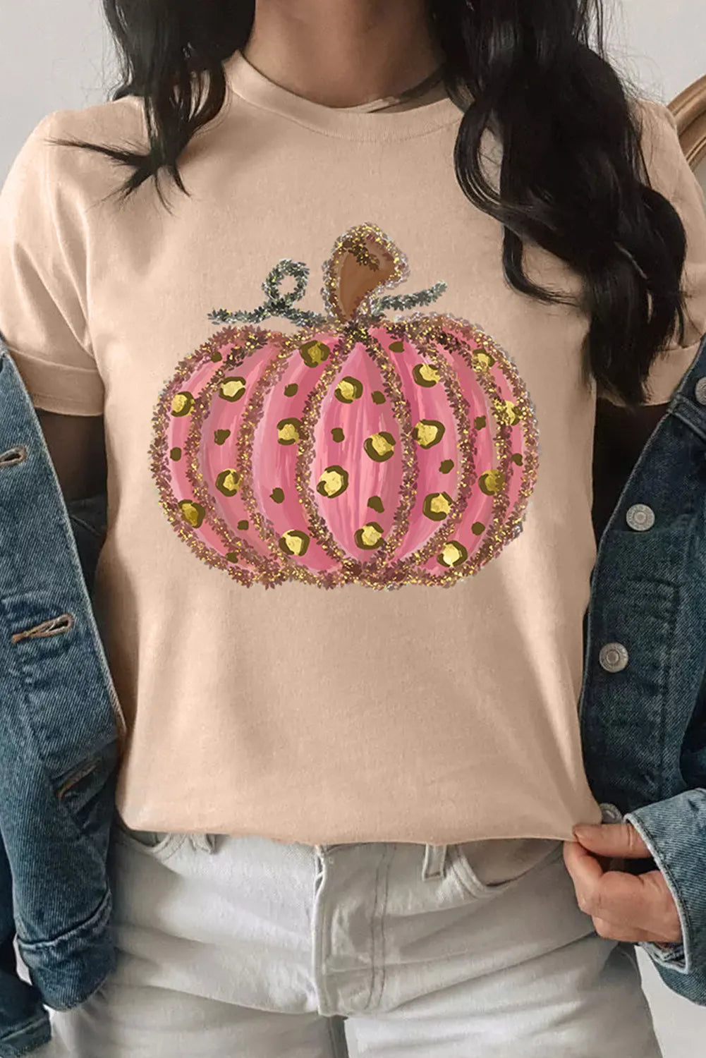 Pumpkin Round Neck Short Sleeve T-Shirt - Tan