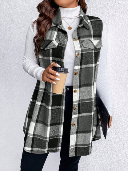 Plus Size Pocketed Plaid Button Up Vest Coat - Black