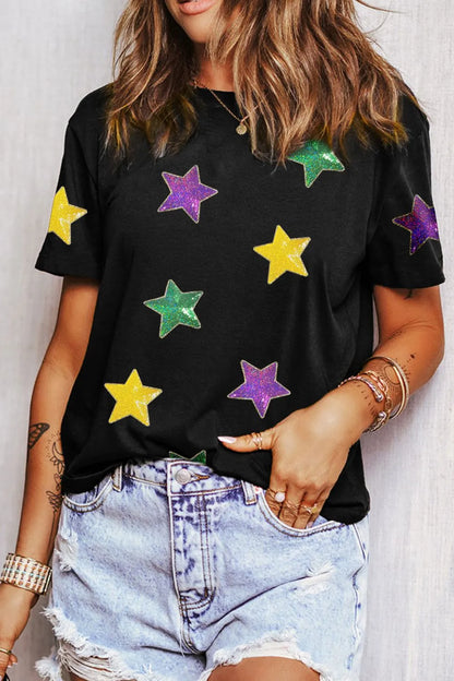 Sequin Stars Patched Round Neck T-Shirt -