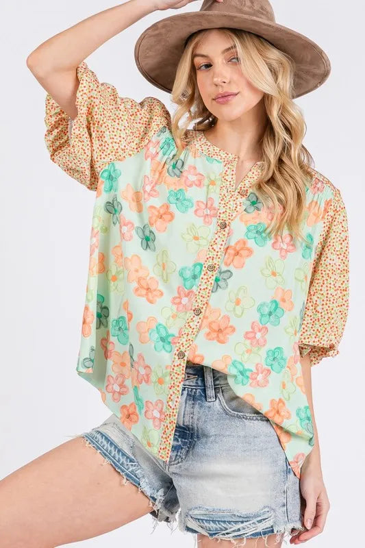 Button-Down Bubble Sleeves Shirt - Light Green