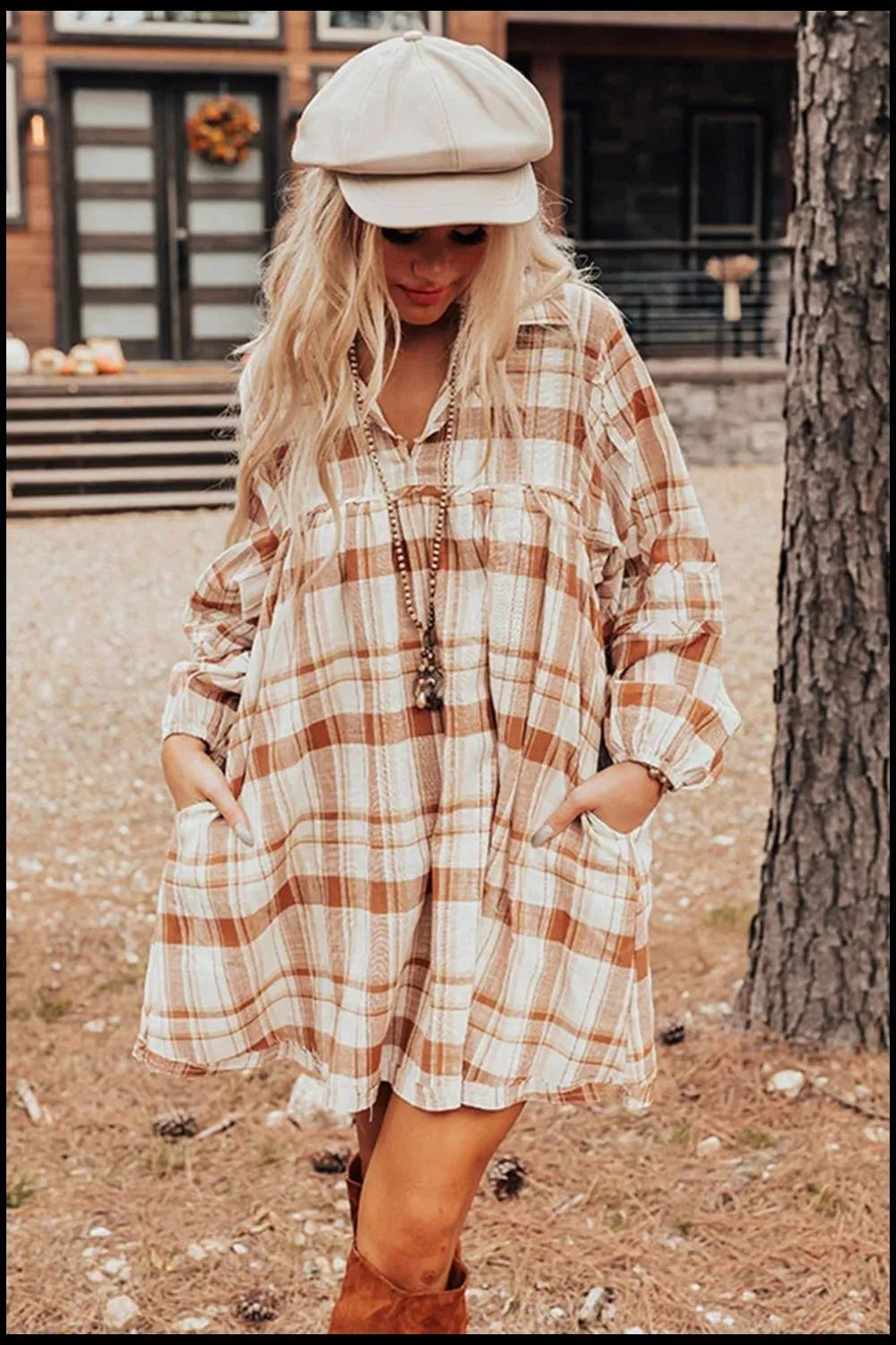Plaid Collared Neck Long Sleeve Mini Shirt Dress -