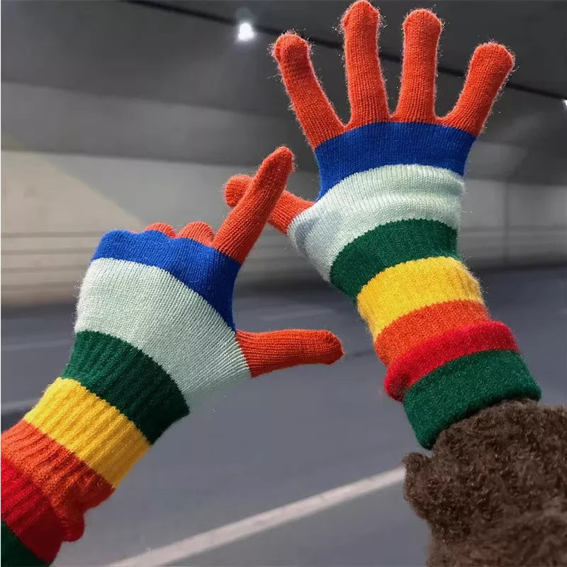 Colorful Striped Knitted Gloves - Orange One Size