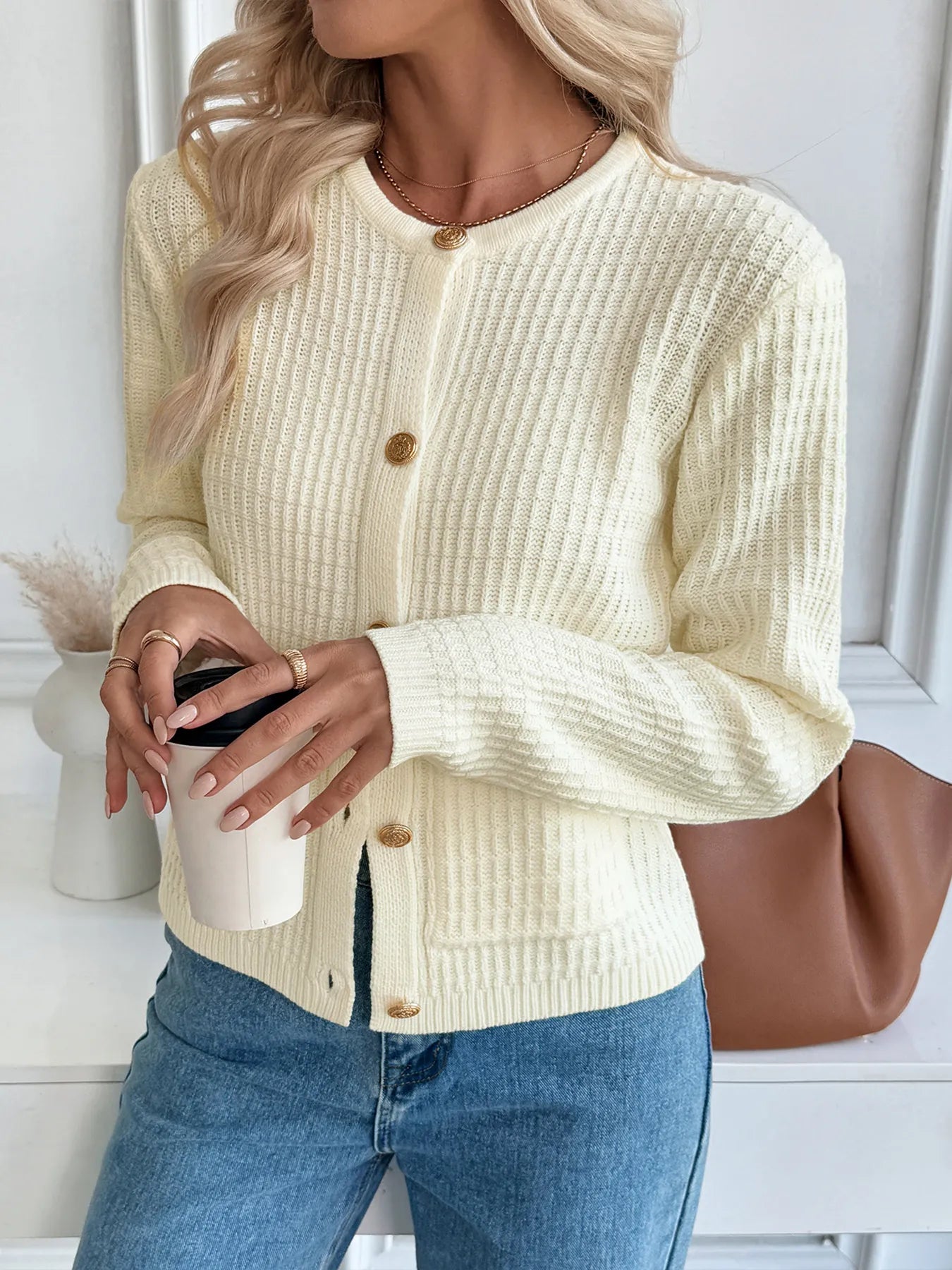 Button-Up Long Sleeve Cardigan - Off White