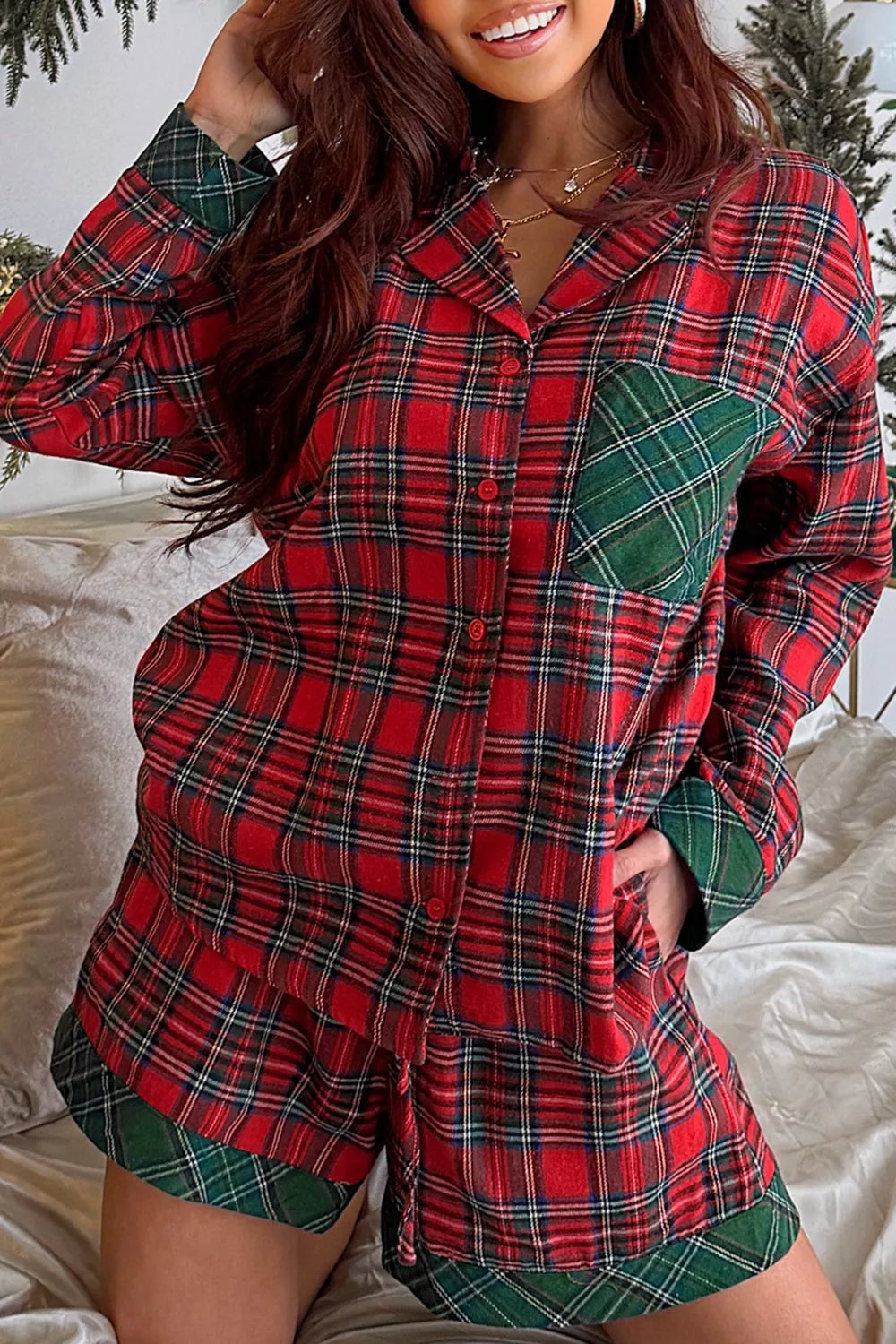Plaid Patched Long Sleeve Shirt and Shorts Pajama Set - Deep Red
