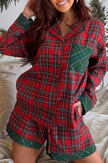 Plaid Patched Long Sleeve Shirt and Shorts Pajama Set - Deep Red