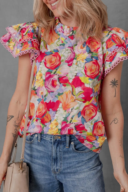 Lace Trim Ruffle Cap Sleeve Floral Blouse -