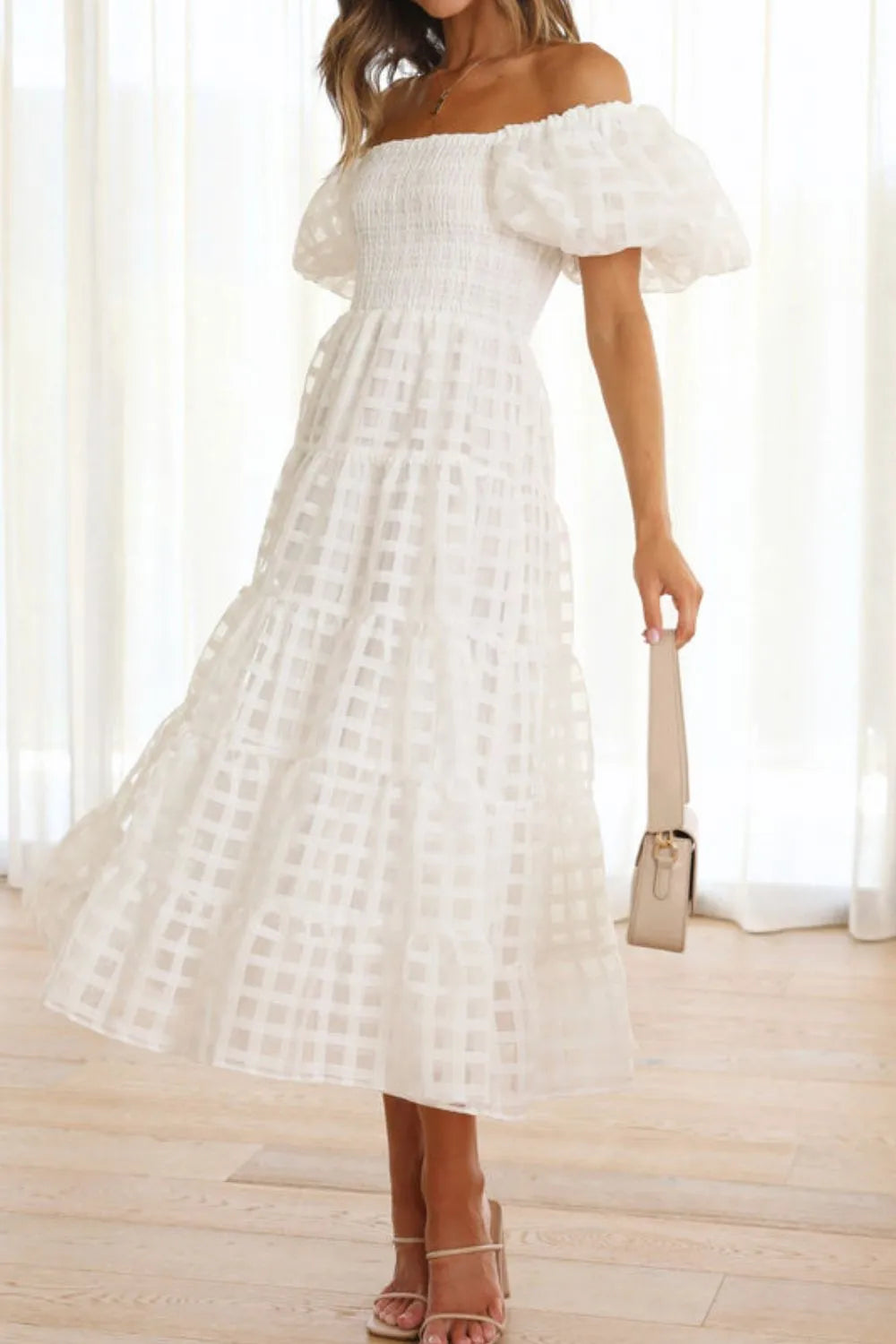Off Shoulder Short Puff Sleeve Midi Dress - White