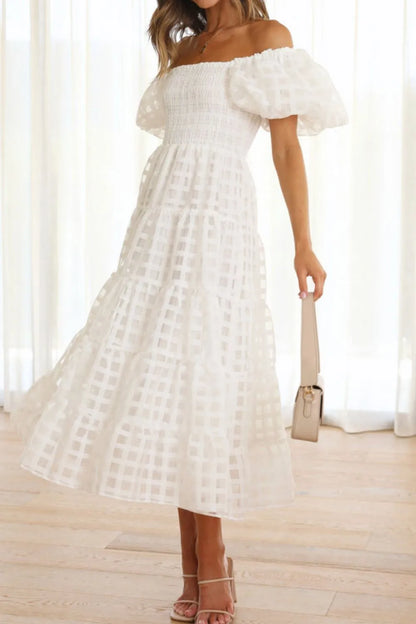 Off Shoulder Short Puff Sleeve Midi Dress - White