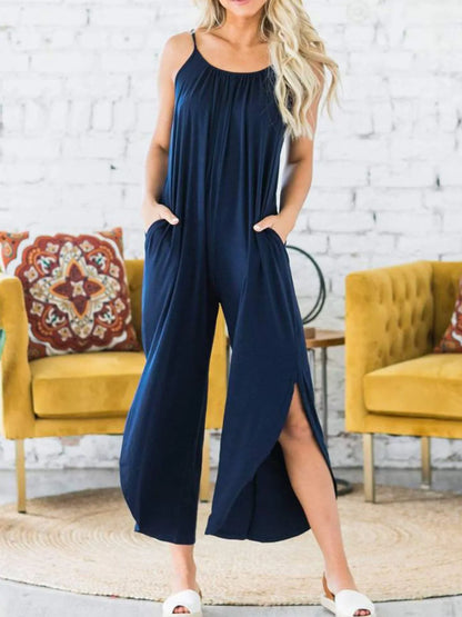 Slit Spaghetti Strap Jumpsuit - Dark Blue