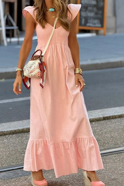 V-Neck Cap Sleeve Smocked Maxi Dress -