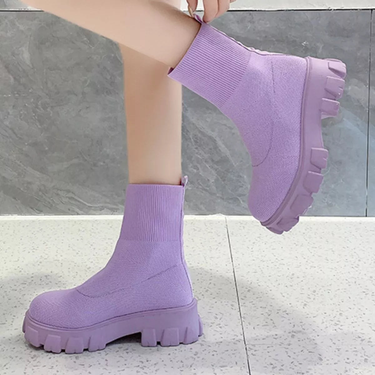 Round Toe Block Heels Boots - Lavender