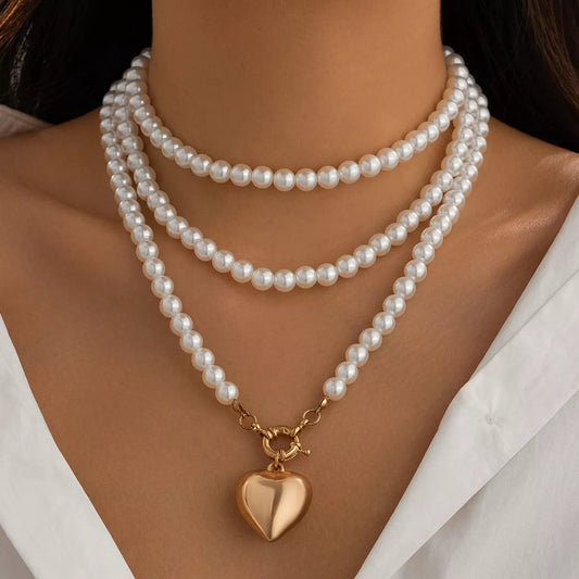 Pearl Chain Heart Necklace - Gold One Size