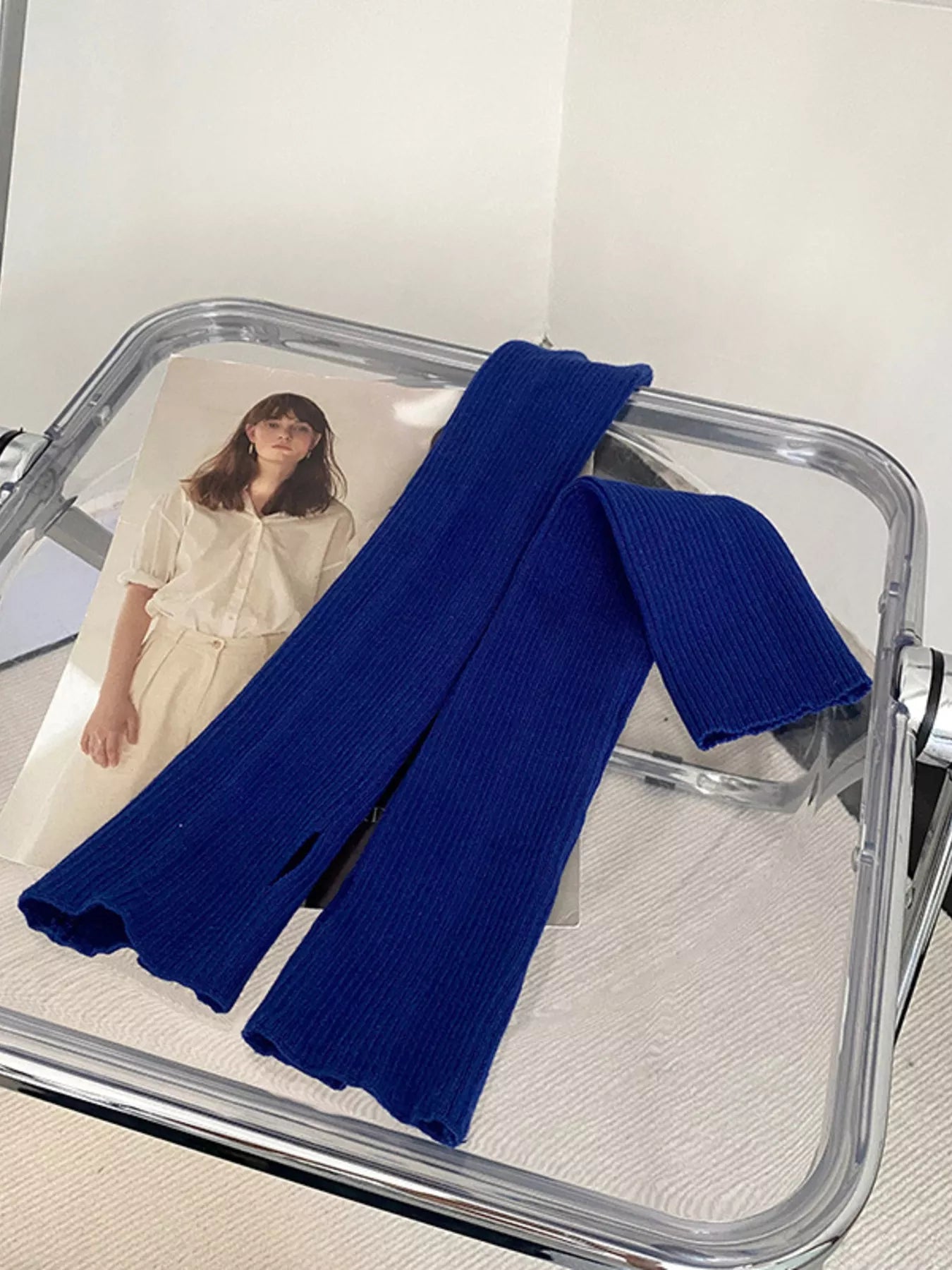 Knitted Arm Warmer Gloves - Blue One Size