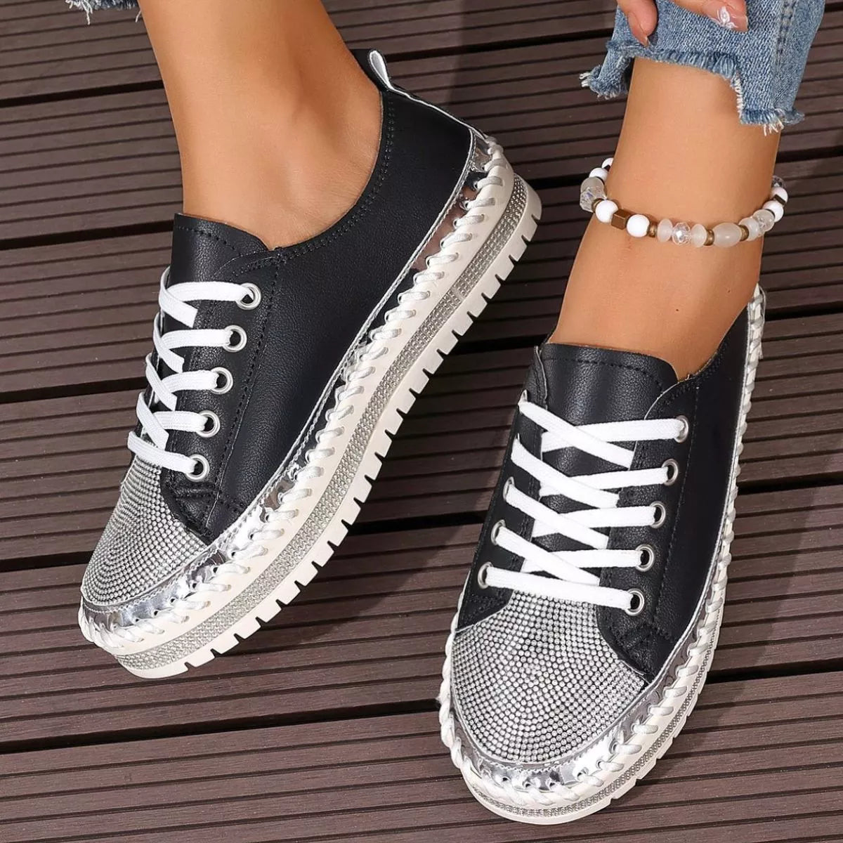 Round Toe Platform Sneakers - Black