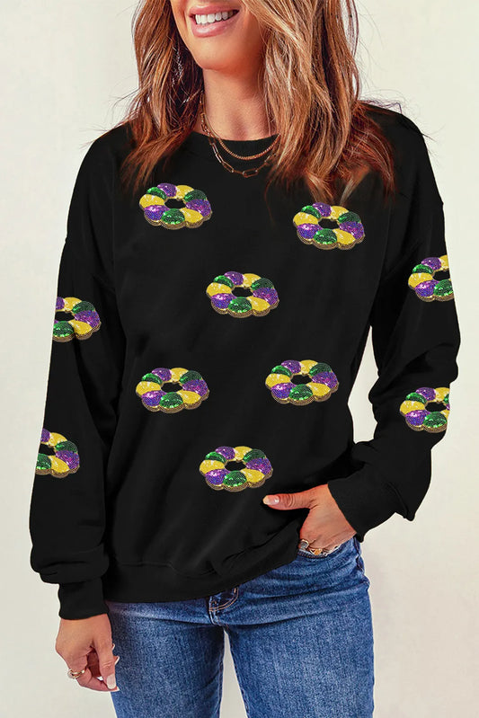 Sequin Round Neck Long Sleeve Sweatshirt - Black