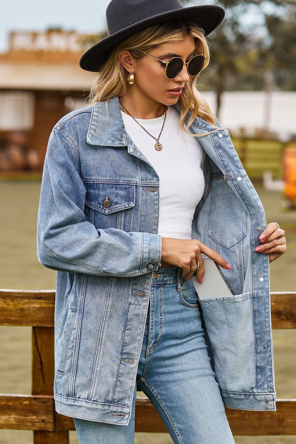 Buttoned Collared Neck Denim Jacket -