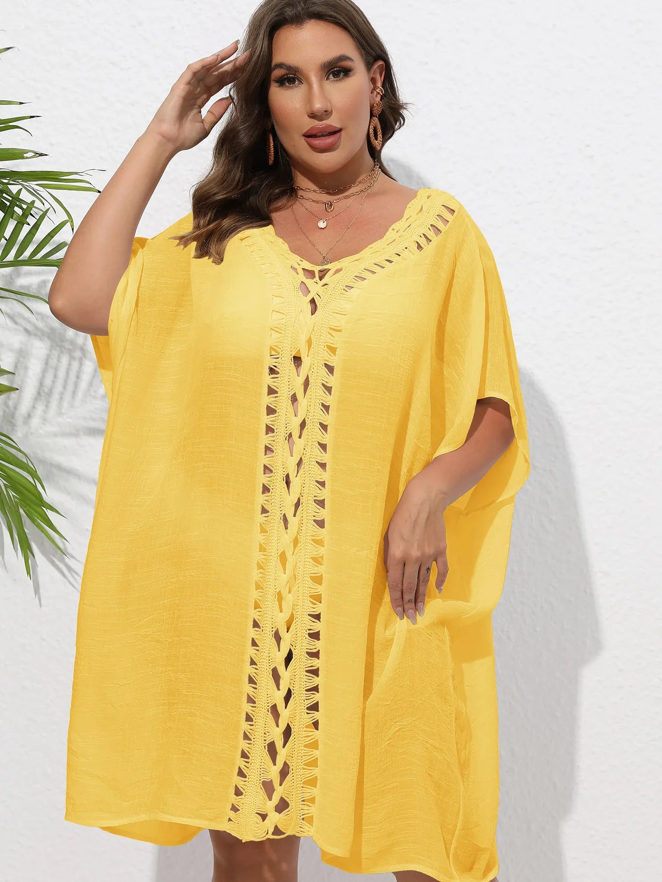 Crochet Trim V-Neck Beach Cover-Up Dress - Yellow One Size