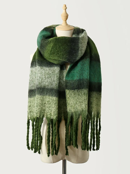 Fringe Color Block Polyester Scarf - Dark Green One Size