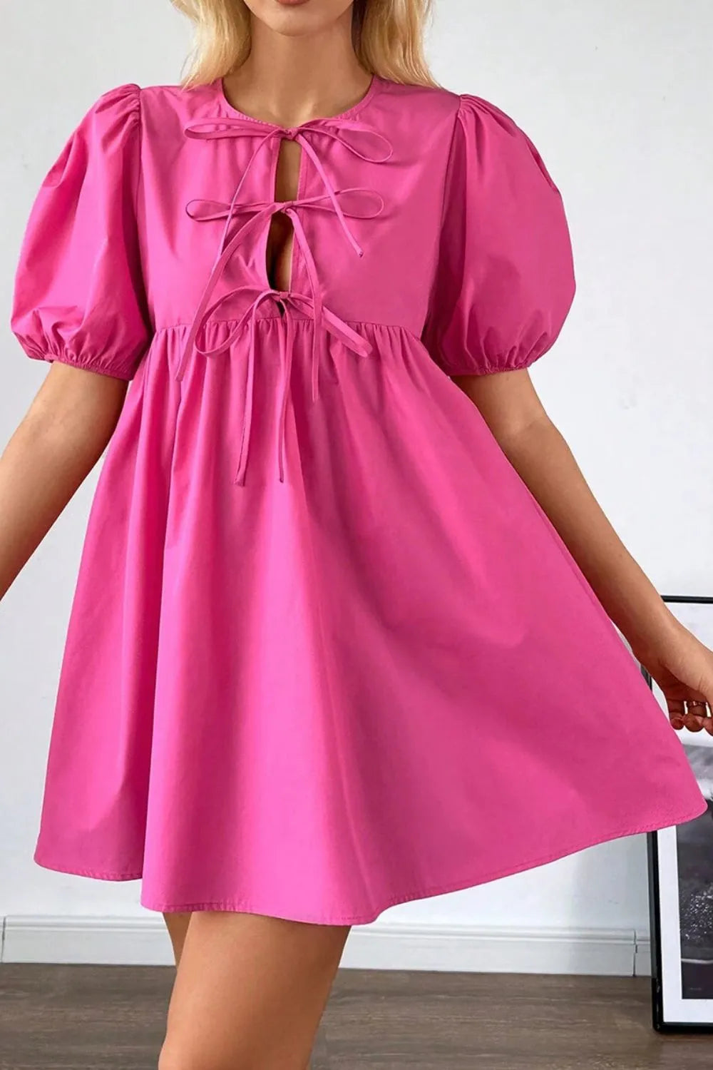 Puff Sleeve Tie Front High Waist Mini Dress -