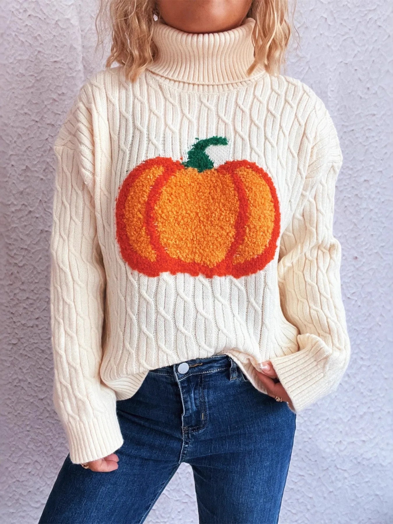 Pumpkin Turtleneck Long Sleeve Sweater - White One Size