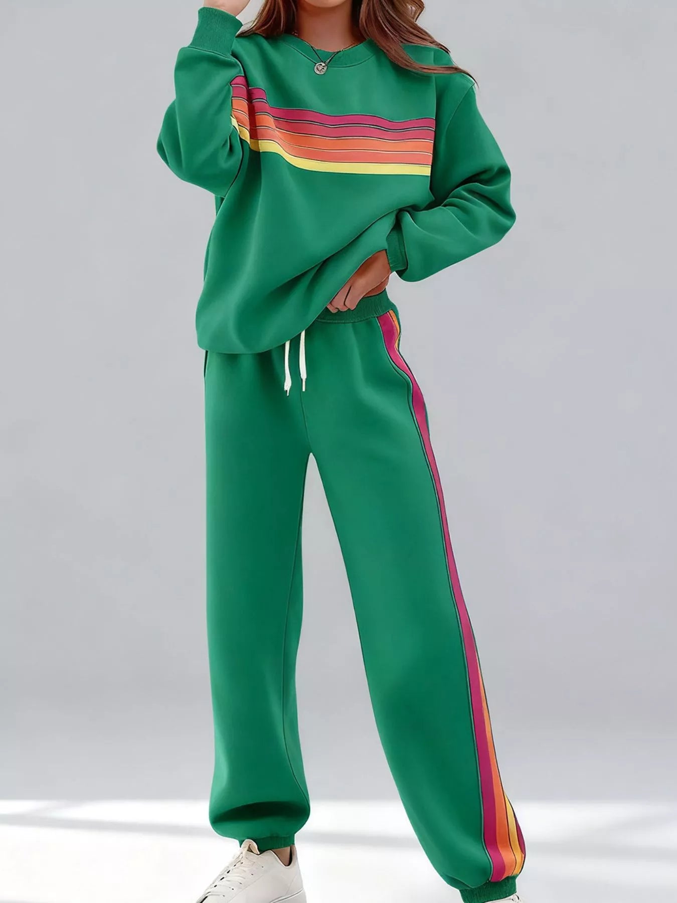 Striped Round Neck Sweatshirt and Pants Set - Green