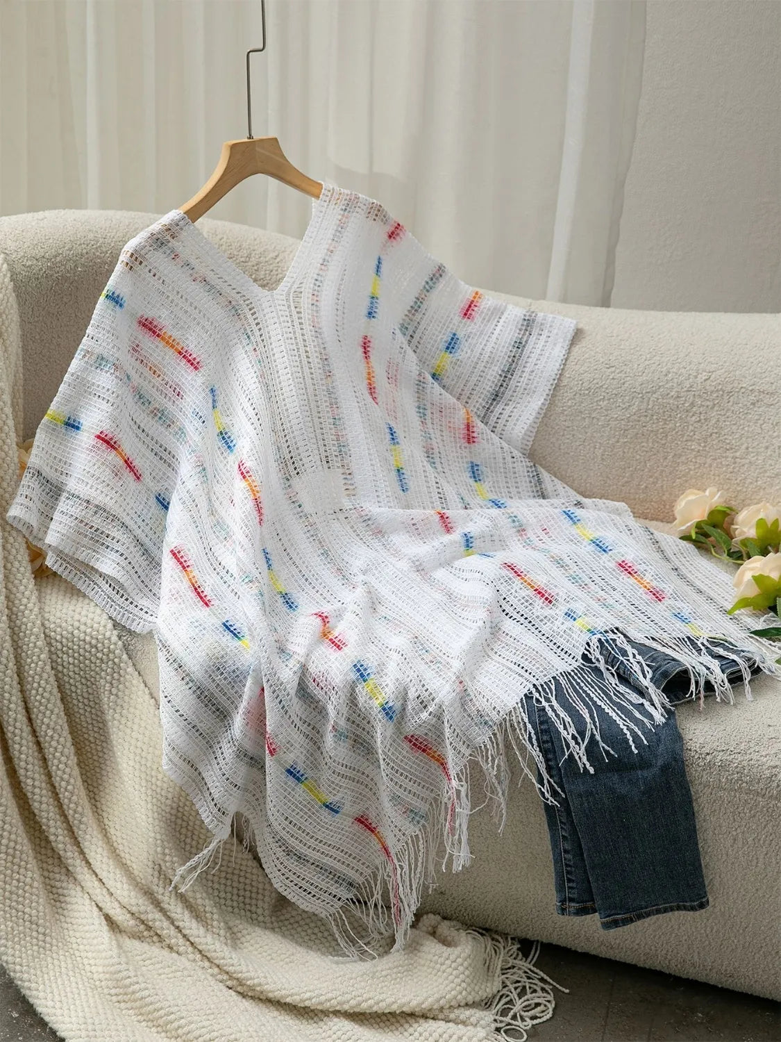 Openwork Fringe Open Front Knit Cape - White One Size