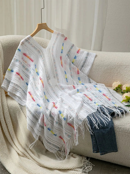 Openwork Fringe Open Front Knit Cape - White One Size