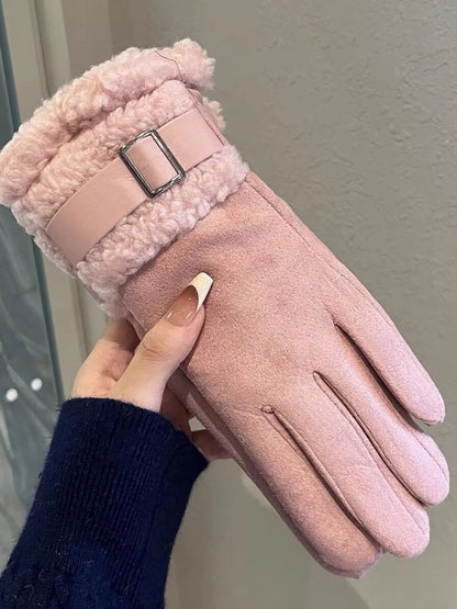 Suede Gloves with Fur Cuff - Pink One Size