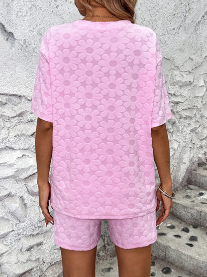 Flower Round Neck Top and Shorts Lounge Set -