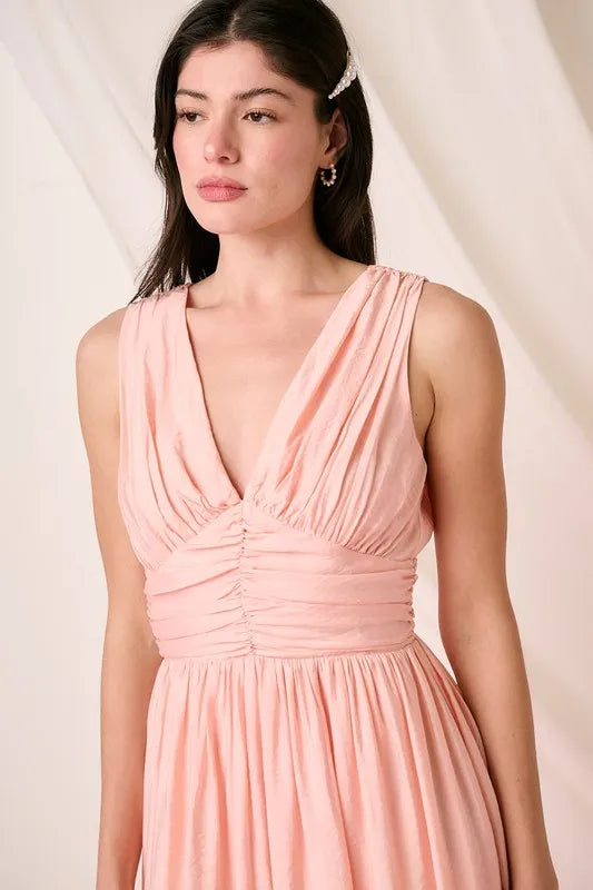 Ruched V-Neck Sleeveless Midi Dress -