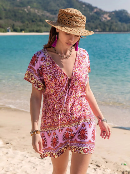 Printed V-Neck Short Sleeve Romper -