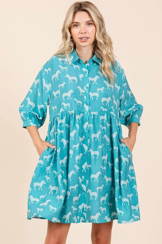Zebra Print Button Down Shirt Mini Dress -