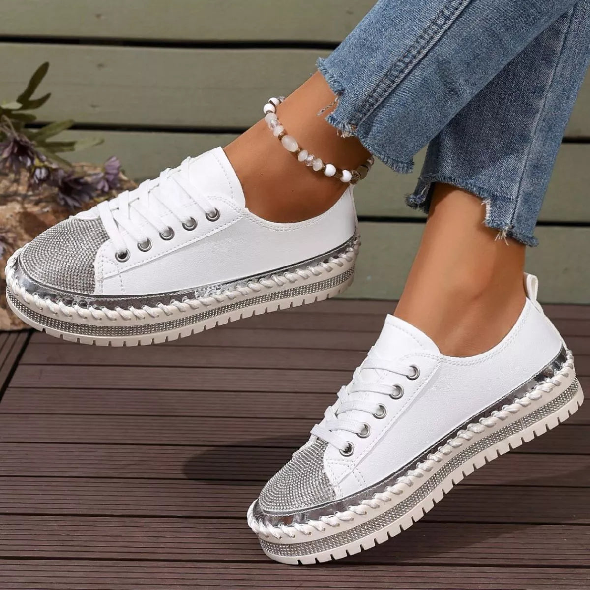 Round Toe Platform Sneakers - White