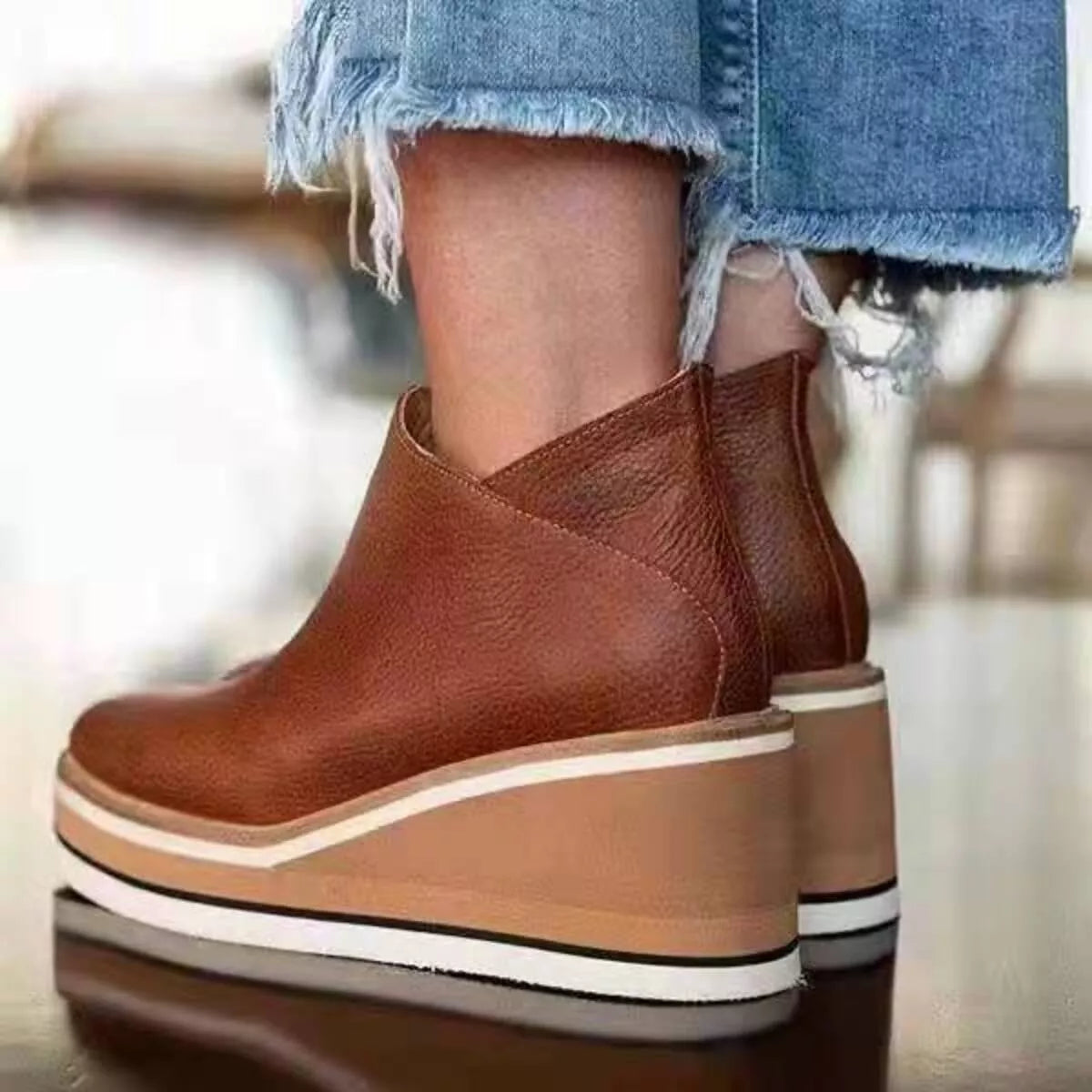 Ankle Wedge Boots with Zipper - Dark Brown