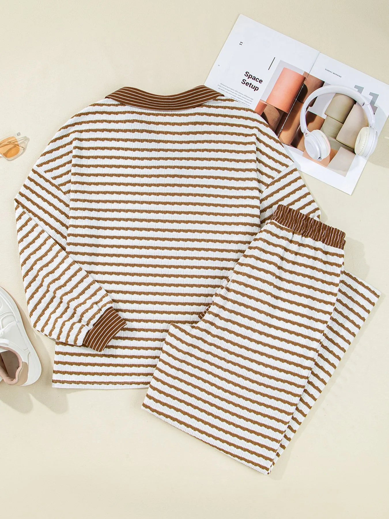 Stripe Collared Top and Drawstring Pant Set -