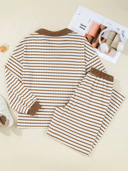 Stripe Collared Top and Drawstring Pant Set -