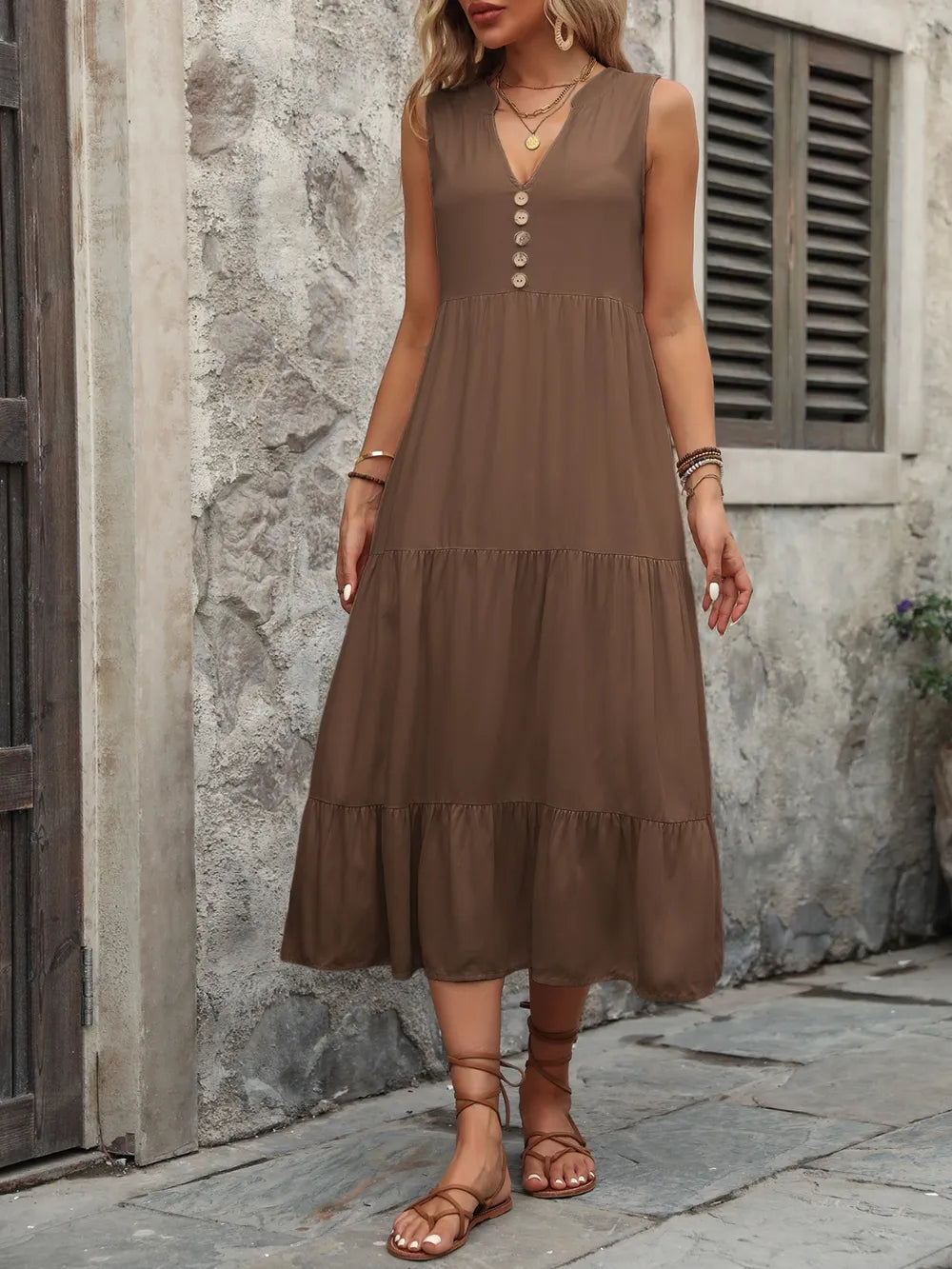 Decorative Button Notched Sleeveless Dress -