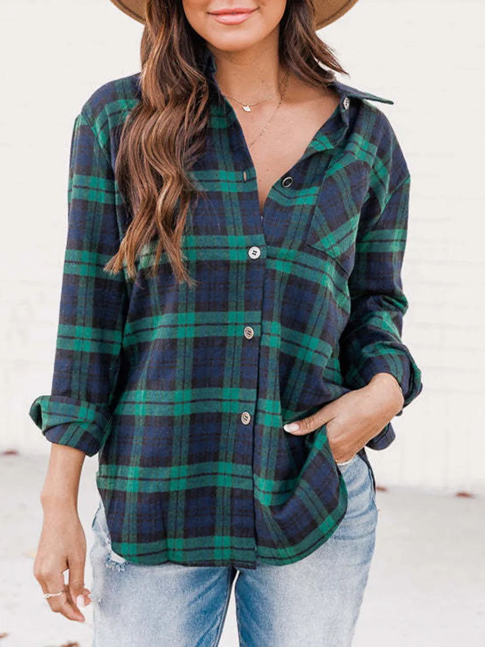 Plaid Collared Neck Long Sleeve Shirt - Deep Teal
