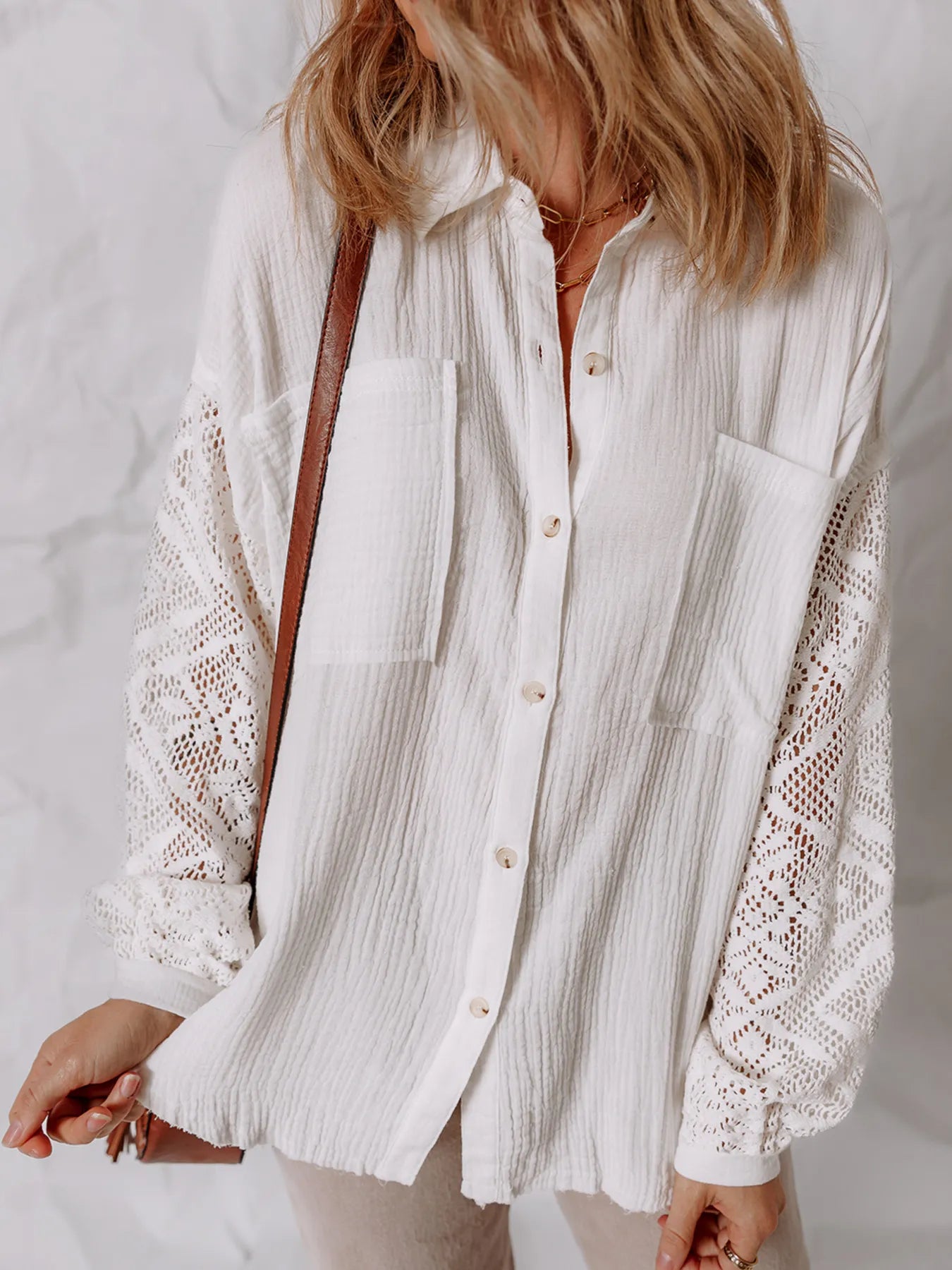 Lace Sleeve Button Down Shirt - White