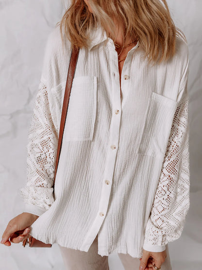 Lace Sleeve Button Down Shirt - White