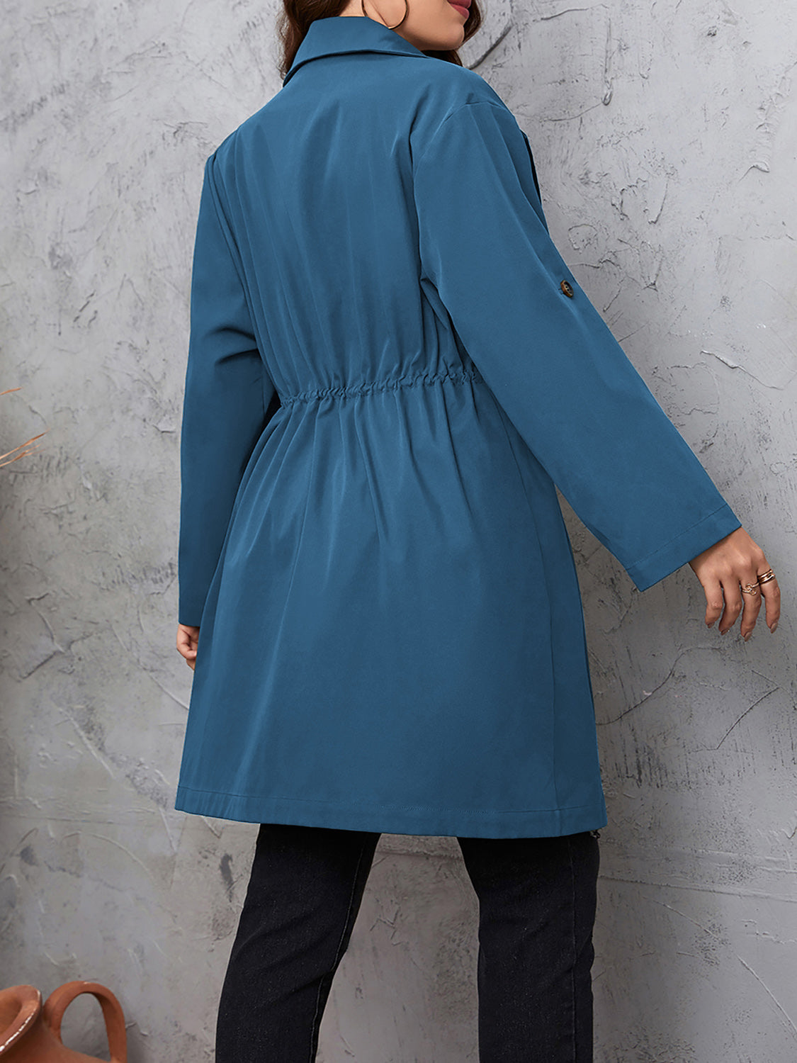 Plus Size Lapel Collar Drawstring Roll-Tab Sleeve Trench Coat - Dusty Blue