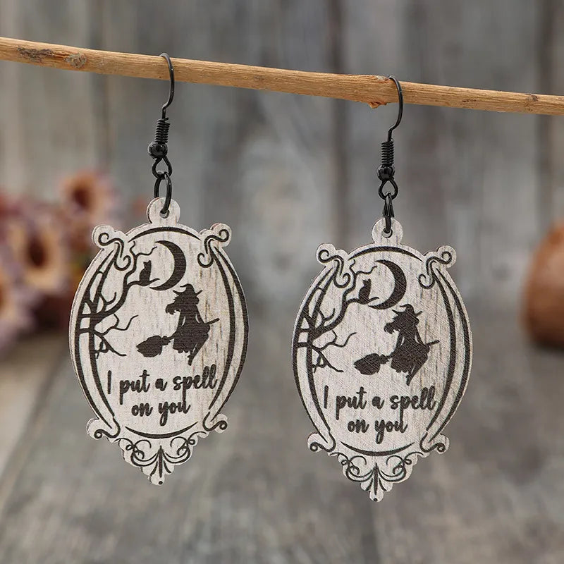 Witch Wooden Dangle Earrings - Black One Size