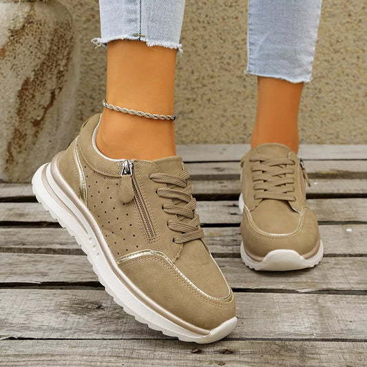 Round Toe Lace Up Sneakers - Camel