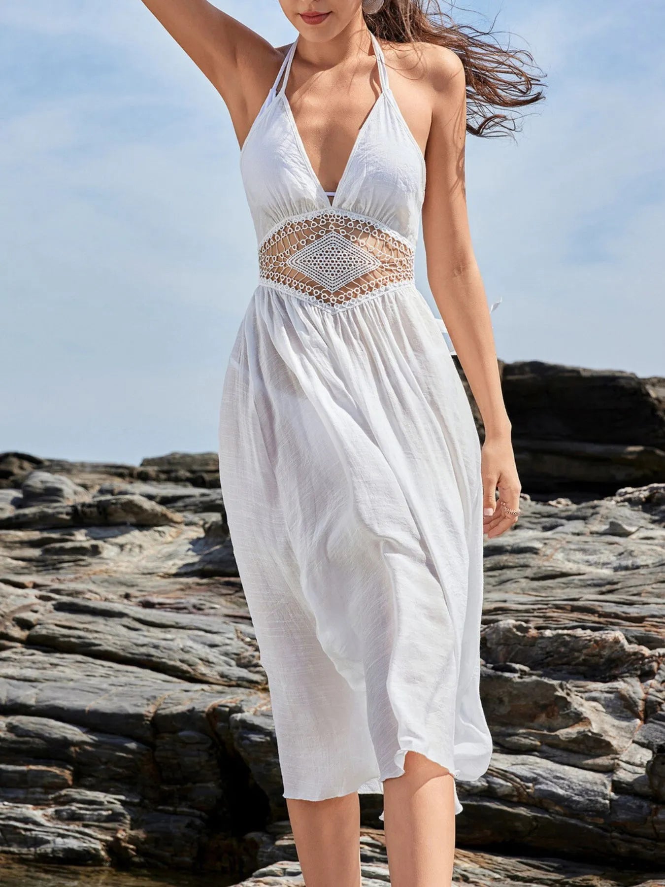 Crochet Waist Halter Sleeveless Cover-Up Dress -