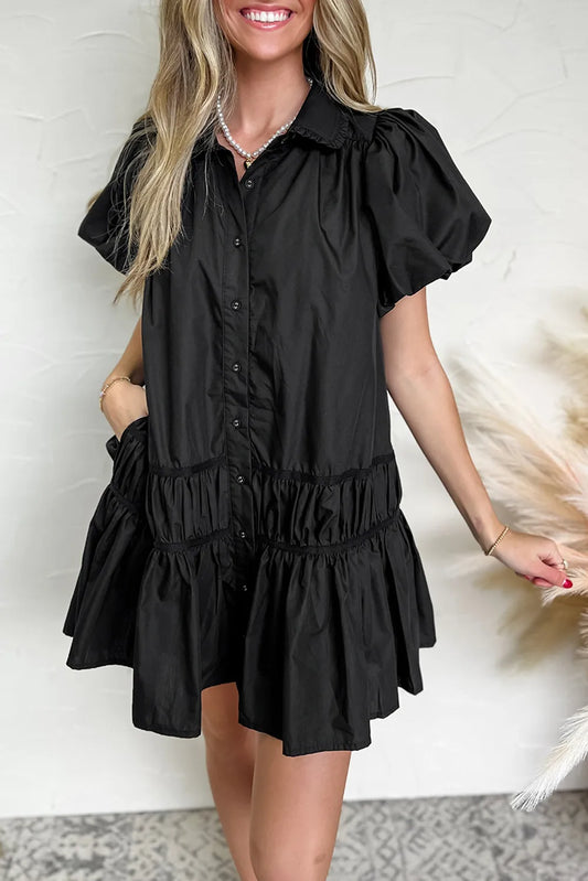Button Down Puff Sleeve Ruffle Hem Dress - Black