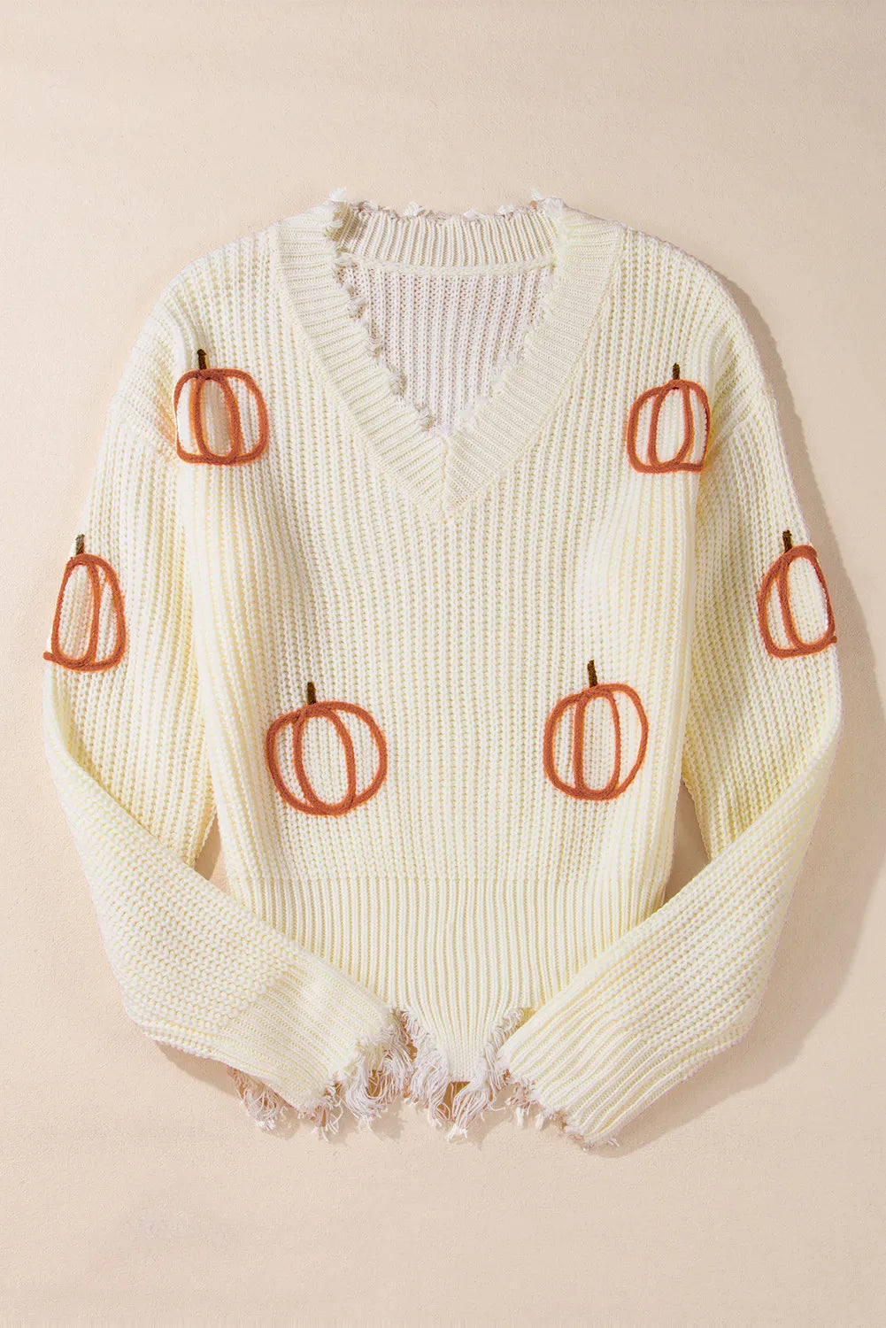 Raw Hem Pumpkin V-Neck Long Sleeve Sweater - Beige
